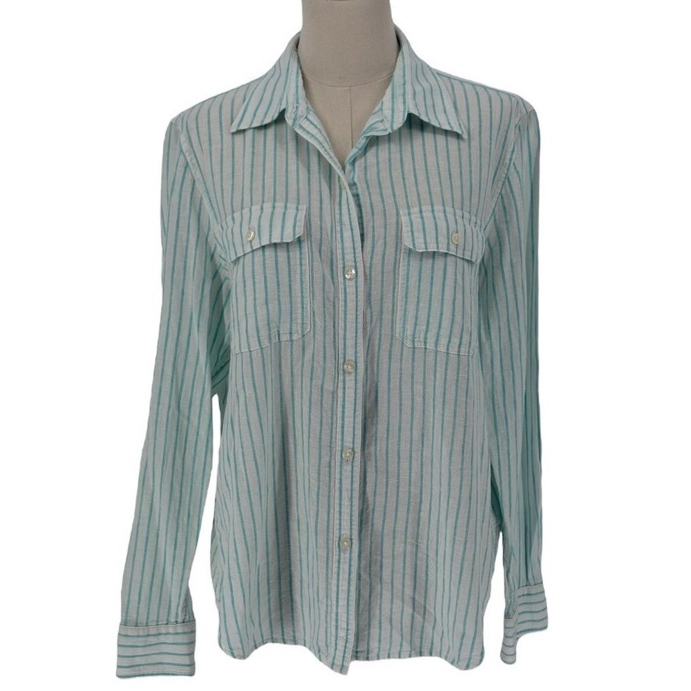 Chaps Linen/Cotton Blend White‎ Button Up Shirt w/ Aqua Blue Stripes (Size L)